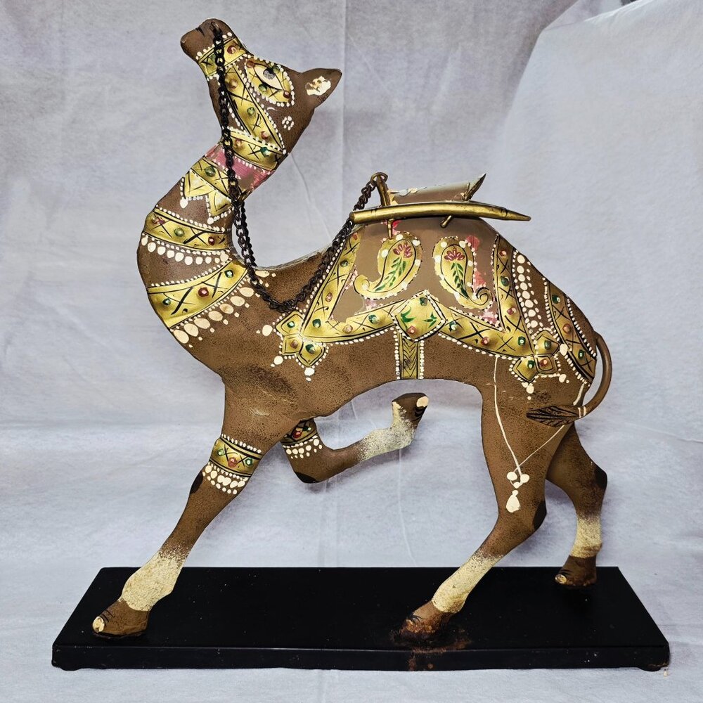 L1/2 Vintage Hand Painted Metal Camel Statue Rajasthani Folk Art Sculpture 16x16